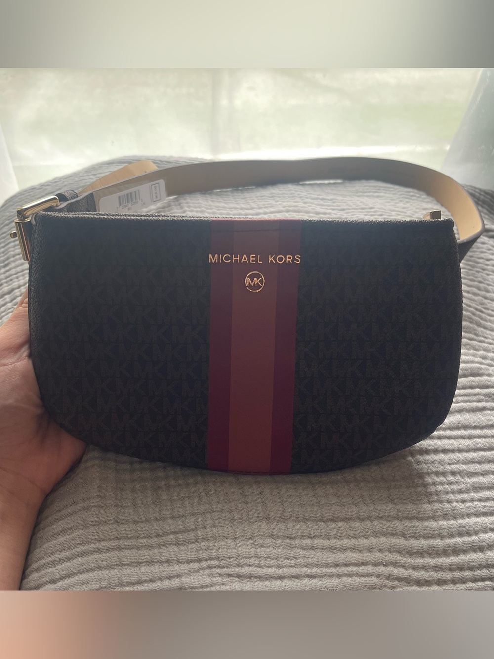 Michael Kors Black Logo Belt Bag with Burgundy Center Stripe